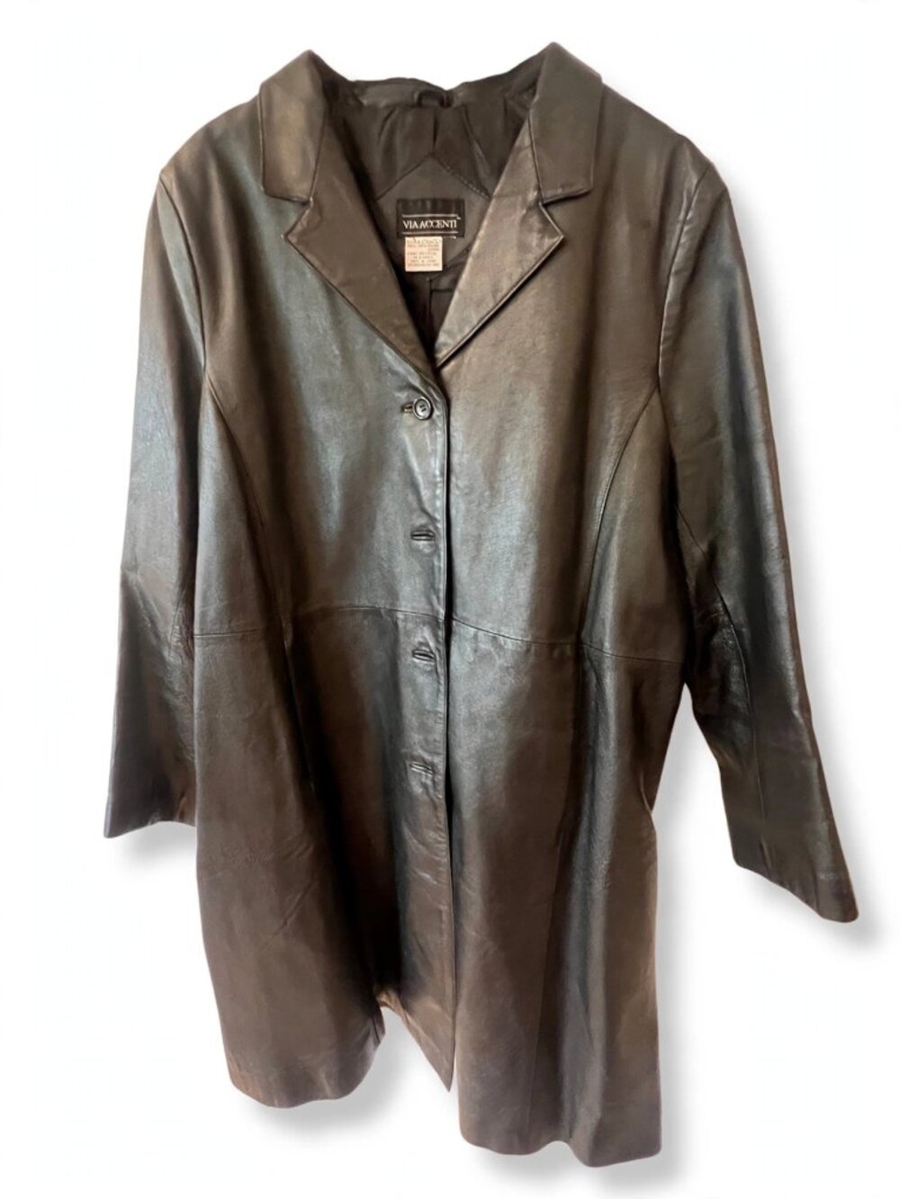 Via Accenti Black Genuine Leather Trench Coat Button Front 22W